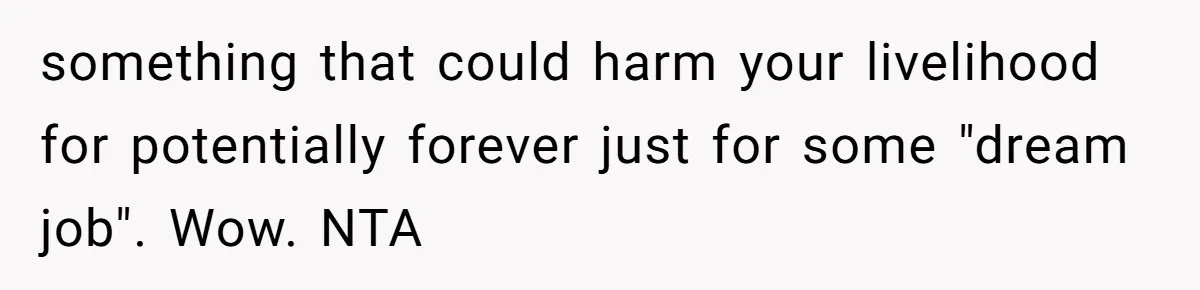 something that could harm your livelihood for potentially forever just for some "dream job". Wow. NTA