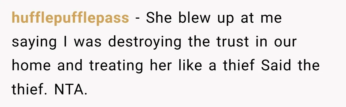 hufflepufflepass − She blew up at me saying I was destroying the trust in our home and treating her like a thief Said the thief. NTA.