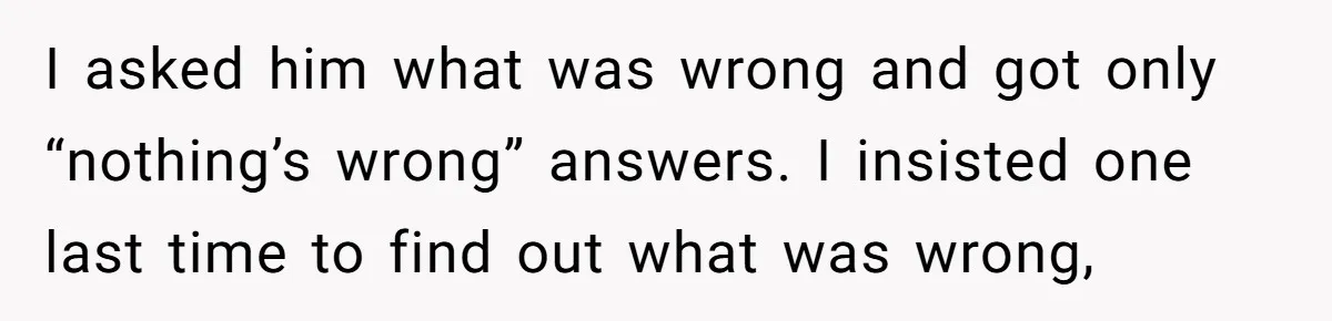 I asked him what was wrong and got only “nothing’s wrong” answers. I insisted one last time to find out what was wrong,