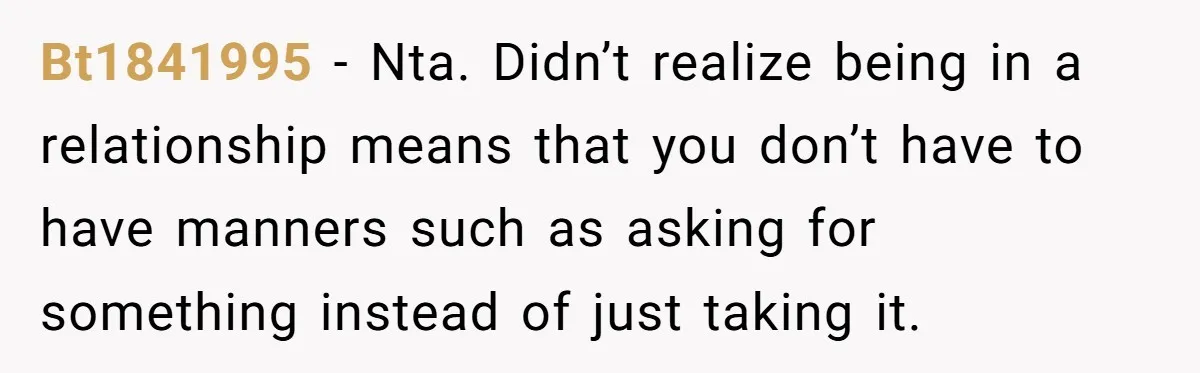 Bt1841995 − Nta. Didn’t realize being in a relationship means that you don’t have to have manners such as asking for something instead of just taking it.