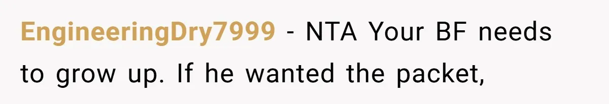 EngineeringDry7999 − NTA Your BF needs to grow up. If he wanted the packet,