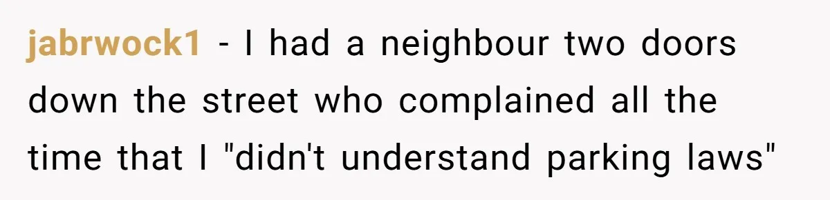 jabrwock1 − I had a neighbour two doors down the street who complained all the time that I "didn't understand parking laws"