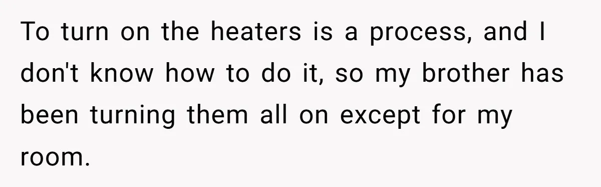 To turn on the heaters is a process, and I don't know how to do it, so my brother has been turning them all on except for my room.