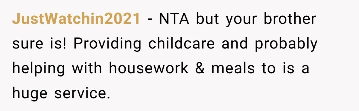 JustWatchin2021 − NTA but your brother sure is! Providing childcare and probably helping with housework & meals to is a huge service.