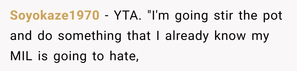 Bride Sparks Family Meltdown After Telling MIL She Won’t Attend Christmas Without Her “Offensive” Hat Soyokaze1970 − YTA. "I'm going stir the pot and do something that I already know my MIL is going to hate,