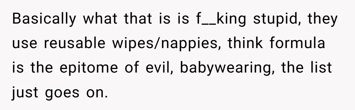 Mom Can’t Believe SIL Dumped $100s Of Baby Products To Push Her Agenda Basically what that is is f__king stupid, they use reusable wipes/nappies, think formula is the epitome of evil, babywearing, the list just goes on.