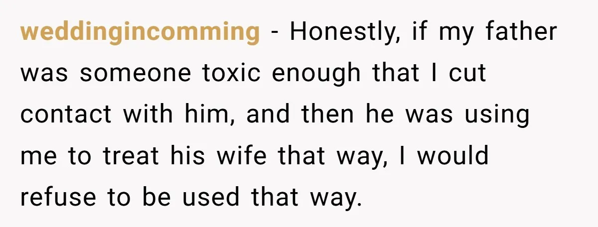 weddingincomming − Honestly, if my father was someone toxic enough that I cut contact with him, and then he was using me to treat his wife that way, I would...