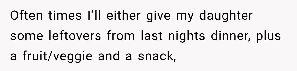 Often times I’ll either give my daughter some leftovers from last nights dinner, plus a fruit/veggie and a snack,