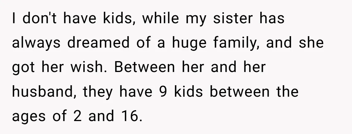I don't have kids, while my sister has always dreamed of a huge family, and she got her wish. Between her and her husband, they have 9 kids between the...
