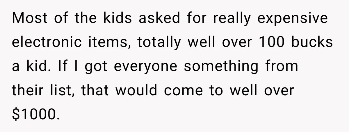 Most of the kids asked for really expensive electronic items, totally well over 100 bucks a kid. If I got everyone something from their list, that would come to well...