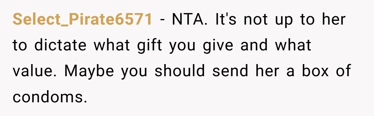 Select_Pirate6571 − NTA. It's not up to her to dictate what gift you give and what value. Maybe you should send her a box of condoms.