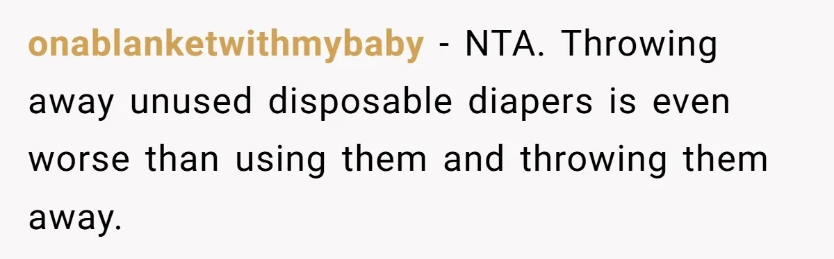 Mom Can’t Believe SIL Dumped $100s Of Baby Products To Push Her Agenda onablanketwithmybaby − NTA. Throwing away unused disposable diapers is even worse than using them and throwing them away.