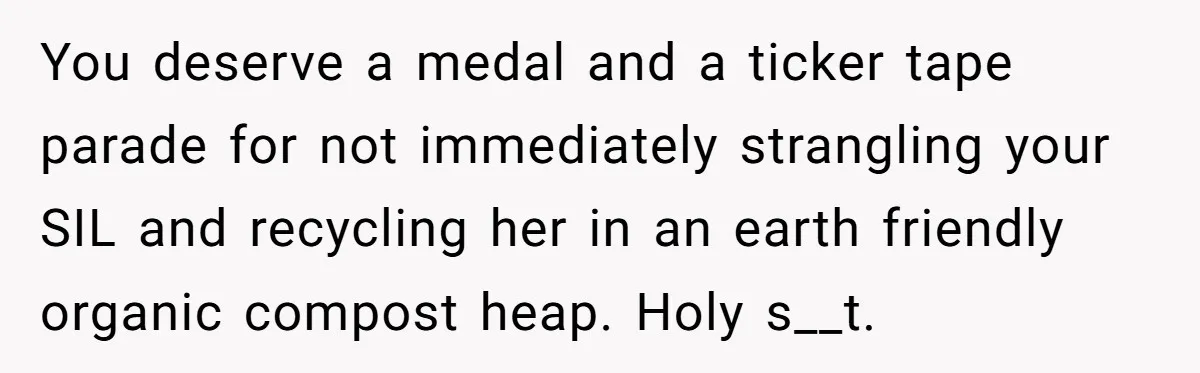 Mom Can’t Believe SIL Dumped $100s Of Baby Products To Push Her Agenda You deserve a medal and a ticker tape parade for not immediately strangling your SIL and recycling her in an earth friendly organic compost heap. Holy s__t.