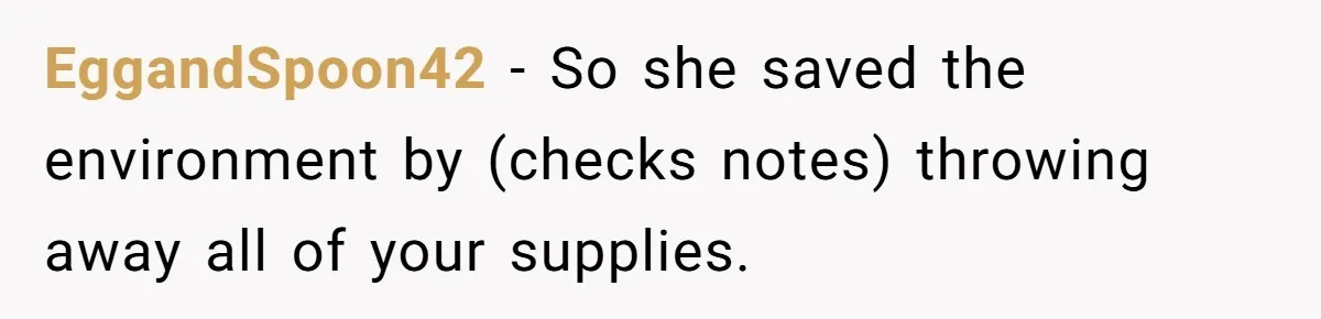 Mom Can’t Believe SIL Dumped $100s Of Baby Products To Push Her Agenda EggandSpoon42 − So she saved the environment by (checks notes) throwing away all of your supplies.