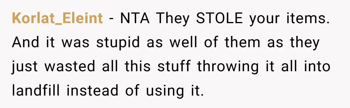 Mom Can’t Believe SIL Dumped $100s Of Baby Products To Push Her Agenda Korlat_Eleint − NTA They STOLE your items. And it was stupid as well of them as they just wasted all this stuff throwing it all into landfill instead of using...