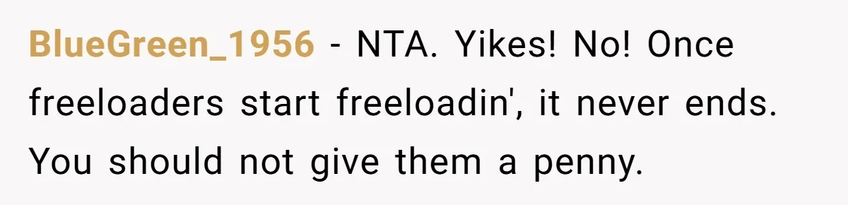 BlueGreen_1956 − NTA. Yikes! No! Once freeloaders start freeloadin', it never ends. You should not give them a penny.