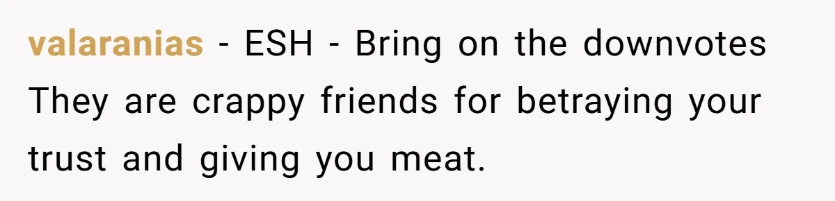 Vegan Woman Calls The Police On Friends For Feeding Her Chicken Nuggets As A ‘Prank’ valaranias − ESH - Bring on the downvotes They are crappy friends for betraying your trust and giving you meat.