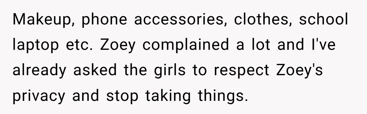 Makeup, phone accessories, clothes, school laptop etc. Zoey complained a lot and I've already asked the girls to respect Zoey's privacy and stop taking things.