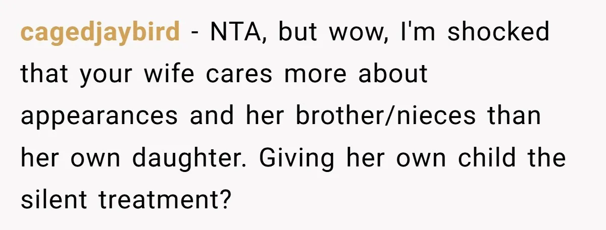 cagedjaybird − NTA, but wow, I'm shocked that your wife cares more about appearances and her brother/nieces than her own daughter. Giving her own child the silent treatment?