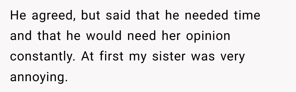 He agreed, but said that he needed time and that he would need her opinion constantly. At first my sister was very annoying.