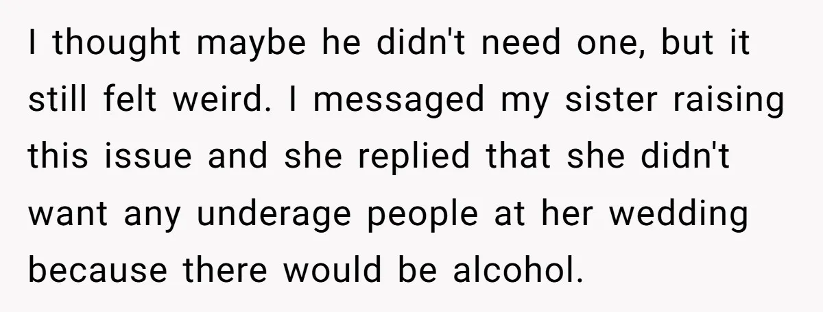 I thought maybe he didn't need one, but it still felt weird. I messaged my sister raising this issue and she replied that she didn't want any underage people at...