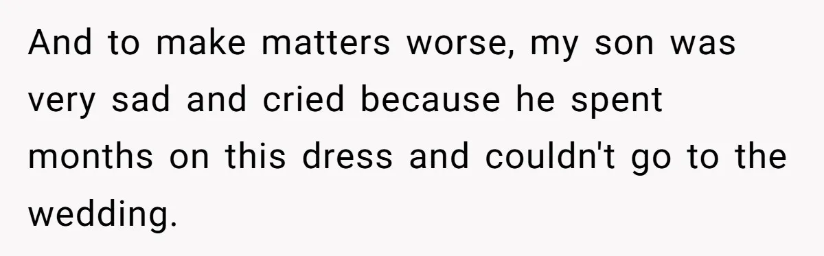 And to make matters worse, my son was very sad and cried because he spent months on this dress and couldn't go to the wedding.