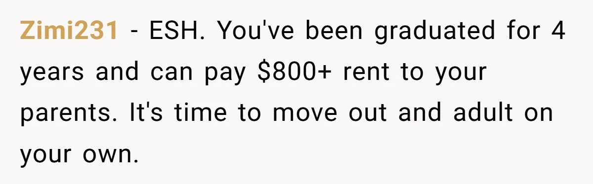 Zimi231 − ESH. You've been graduated for 4 years and can pay $800+ rent to your parents. It's time to move out and adult on your own.