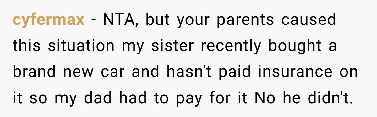 cyfermax − NTA, but your parents caused this situation my sister recently bought a brand new car and hasn't paid insurance on it so my dad had to pay for...