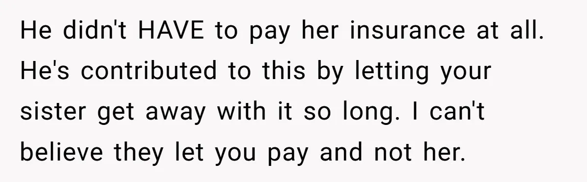 He didn't HAVE to pay her insurance at all. He's contributed to this by letting your sister get away with it so long. I can't believe they let you pay...