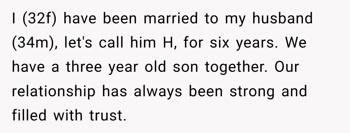 I (32f) have been married to my husband (34m), let's call him H, for six years. We have a three year old son together. Our relationship has always been strong...