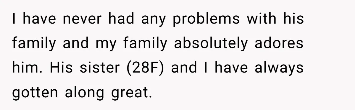 I have never had any problems with his family and my family absolutely adores him. His sister (28F) and I have always gotten along great.