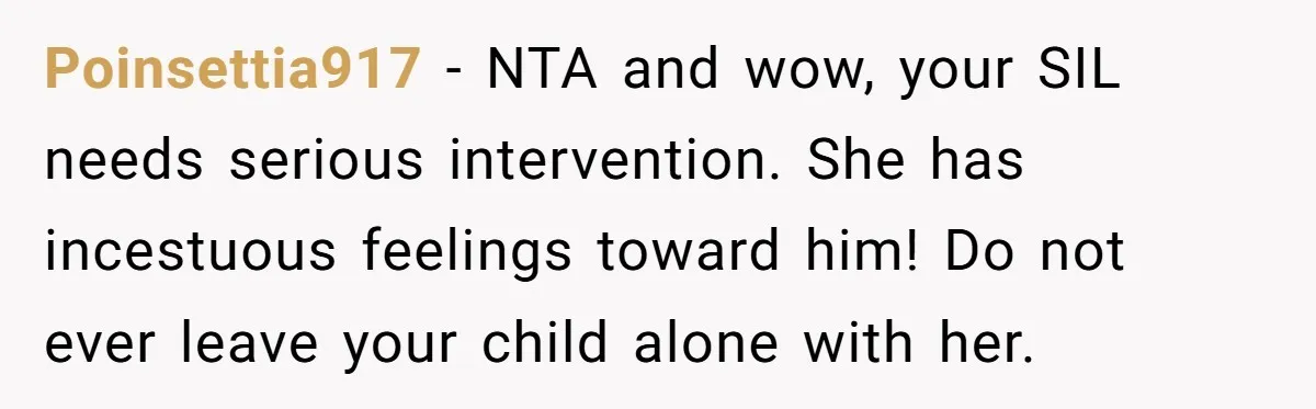 Poinsettia917 − NTA and wow, your SIL needs serious intervention. She has incestuous feelings toward him! Do not ever leave your child alone with her.