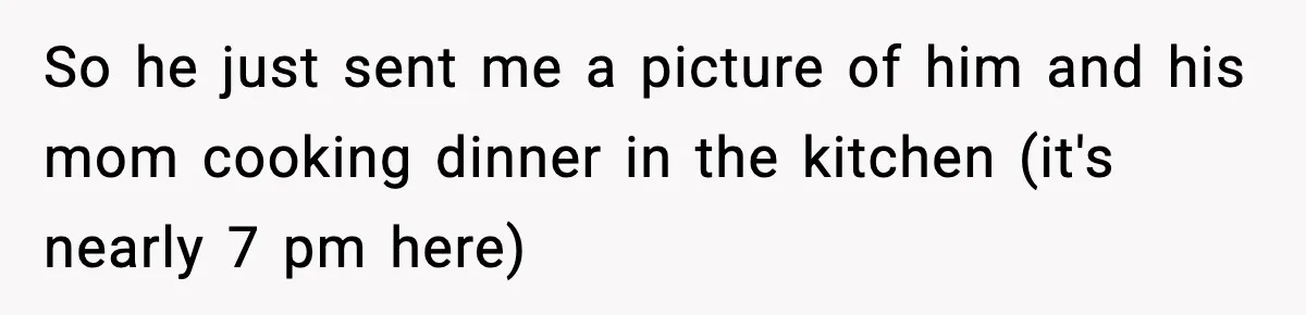 New Mom Storms Out After Husband's Mom Doesn’t Save Her Any Food So he just sent me a picture of him and his mom cooking dinner in the kitchen (it's nearly 7 pm here)