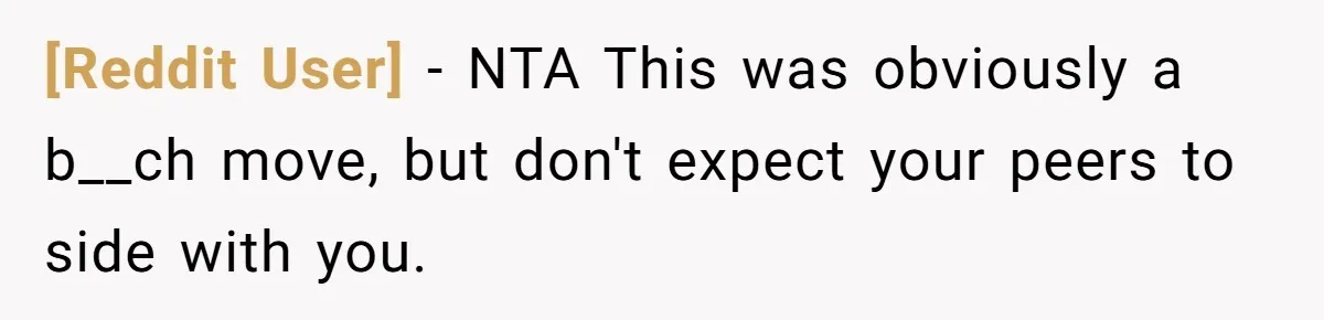 [Reddit User] − NTA This was obviously a b__ch move, but don't expect your peers to side with you.