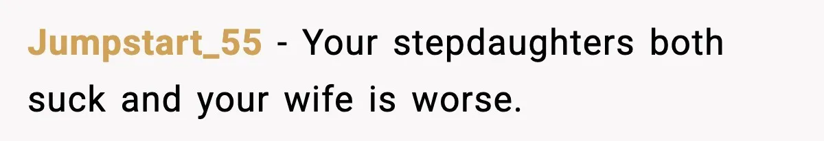 Man Cancels Entire Family Vacation After Discovering His Stepdaughters Hid His Daughter’s Passport To Force Her To Babysit Jumpstart_55 − Your stepdaughters both suck and your wife is worse.