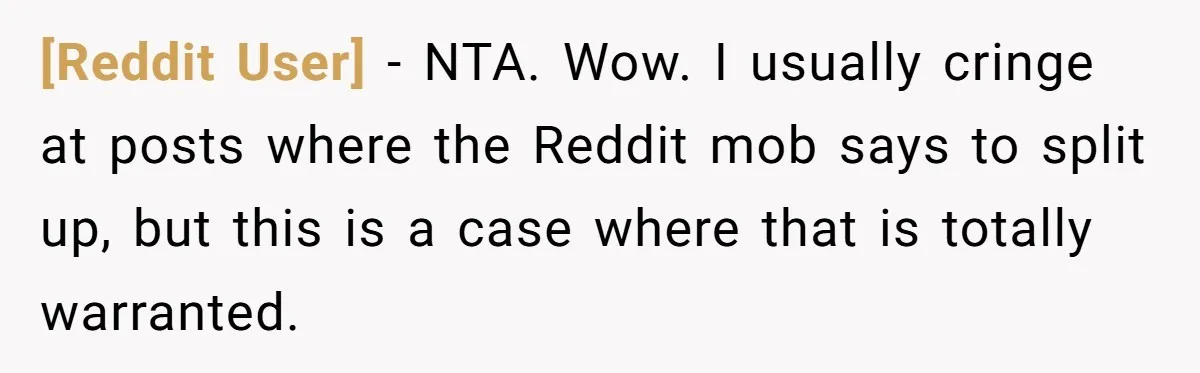 [Reddit User] − NTA. Wow. I usually cringe at posts where the Reddit mob says to split up, but this is a case where that is totally warranted.