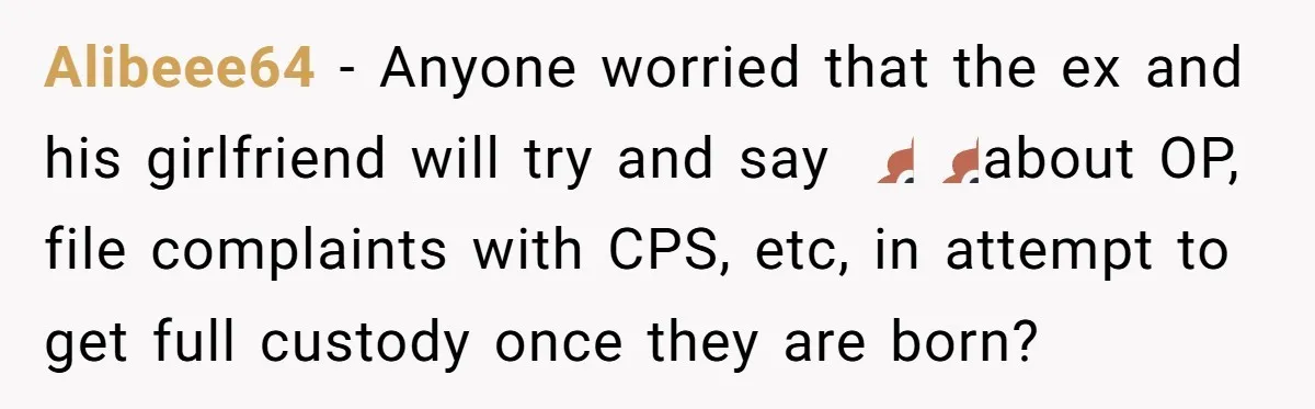 Mom-to-Be Publicly Pushes Back After Ex’s Girlfriend Announces “Their” Pregnancy Alibeee64 − Anyone worried that the ex and his girlfriend will try and say 💩💩about OP, file complaints with CPS, etc, in attempt to get full custody once they are...