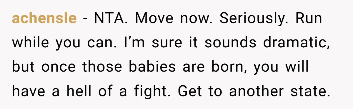 Mom-to-Be Publicly Pushes Back After Ex’s Girlfriend Announces “Their” Pregnancy achensle − NTA. Move now. Seriously. Run while you can. I’m sure it sounds dramatic, but once those babies are born, you will have a hell of a fight. Get...