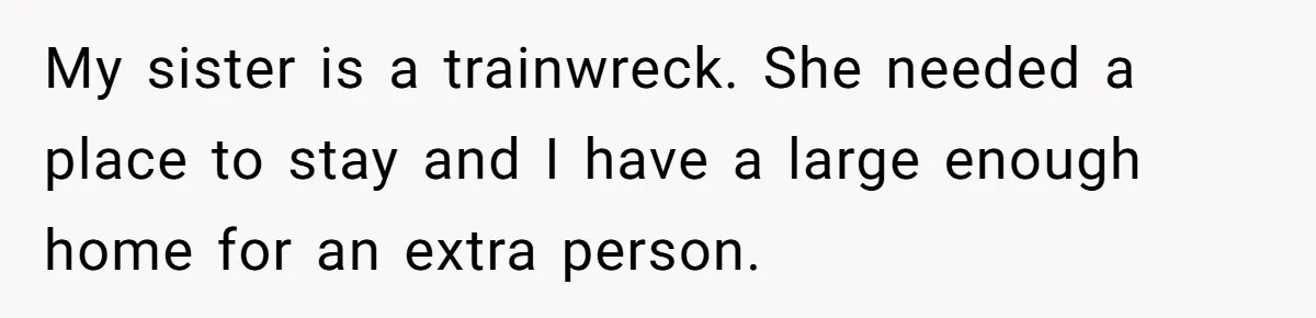Sister Tries To Charge Brother For Dog Walking And Scrapbook Work, So He Kicked Her Out My sister is a trainwreck. She needed a place to stay and I have a large enough home for an extra person.