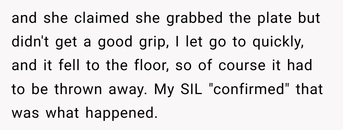 Wife Endured Years Of Cruel In-Laws Then Replaced Luxury Gifts With Dollar-Store Revenge Before Divorce and she claimed she grabbed the plate but didn't get a good grip, I let go to quickly, and it fell to the floor, so of course it had to...