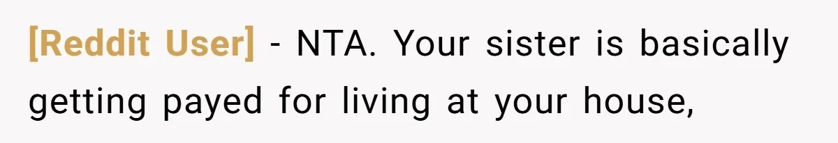 [Reddit User] − NTA. Your sister is basically getting payed for living at your house,