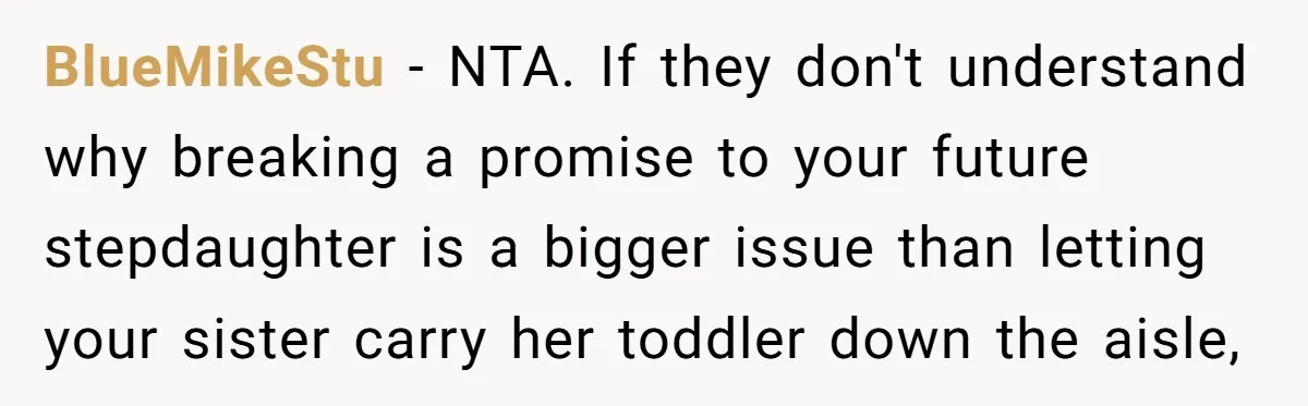 Miracle-Baby Parents Demand Flower Girl Spot, Get Furious When Bride Refuses to Replace Her Stepdaughter BlueMikeStu − NTA. If they don't understand why breaking a promise to your future stepdaughter is a bigger issue than letting your sister carry her toddler down the aisle,