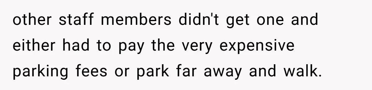 Entry-Level Tech Walks Miles In Rain Until Managers Secretly Share Parking Spots And Coworkers Call HR other staff members didn't get one and either had to pay the very expensive parking fees or park far away and walk.