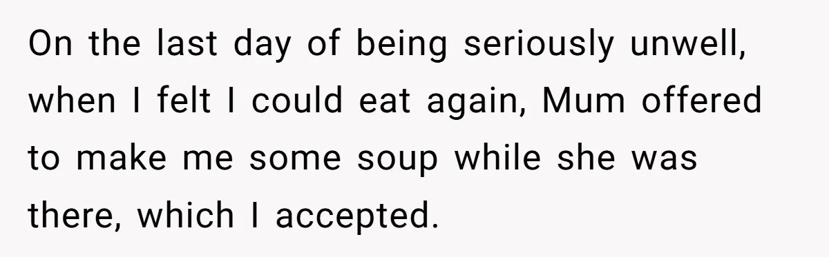 Sibling Keeps Bringing Up a Decade-Old Loss Whenever Mom Shows Favor - Younger Sister Reaches Breaking Point On the last day of being seriously unwell, when I felt I could eat again, Mum offered to make me some soup while she was there, which I accepted.