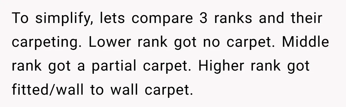 Entry-Level Tech Walks Miles In Rain Until Managers Secretly Share Parking Spots And Coworkers Call HR To simplify, lets compare 3 ranks and their carpeting. Lower rank got no carpet. Middle rank got a partial carpet. Higher rank got fitted/wall to wall carpet.