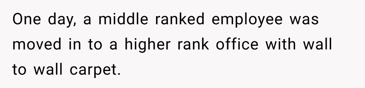 Entry-Level Tech Walks Miles In Rain Until Managers Secretly Share Parking Spots And Coworkers Call HR One day, a middle ranked employee was moved in to a higher rank office with wall to wall carpet.