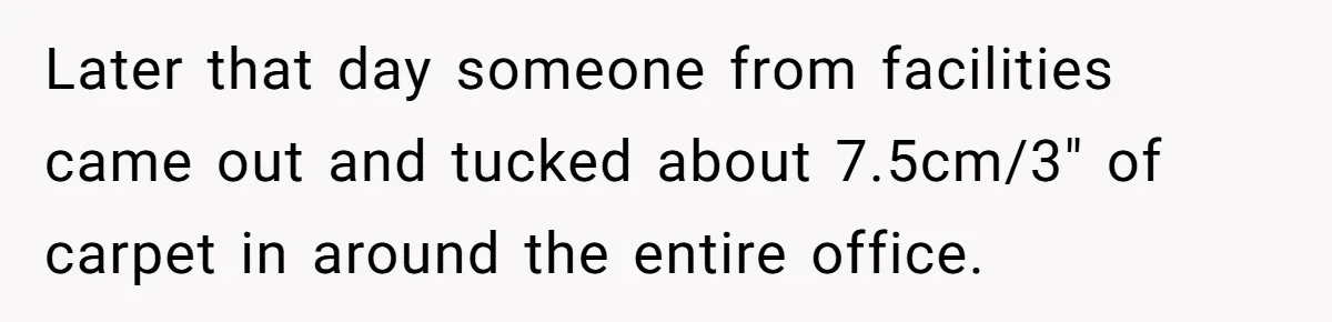 Entry-Level Tech Walks Miles In Rain Until Managers Secretly Share Parking Spots And Coworkers Call HR Later that day someone from facilities came out and tucked about 7.5cm/3" of carpet in around the entire office.