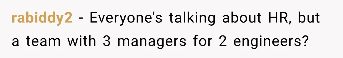 Entry-Level Tech Walks Miles In Rain Until Managers Secretly Share Parking Spots And Coworkers Call HR rabiddy2 − Everyone's talking about HR, but a team with 3 managers for 2 engineers?