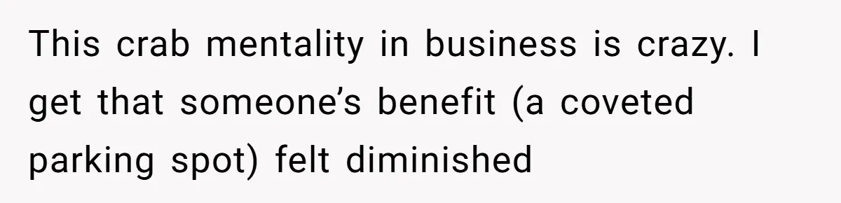 Entry-Level Tech Walks Miles In Rain Until Managers Secretly Share Parking Spots And Coworkers Call HR This crab mentality in business is crazy. I get that someone’s benefit (a coveted parking spot) felt diminished