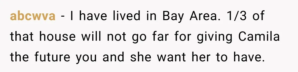Mom Says Her Daughter Gets the House “No Matter What,” and Her Fiancé Isn’t Happy About It abcwva − I have lived in Bay Area. 1/3 of that house will not go far for giving Camila the future you and she want her to have.